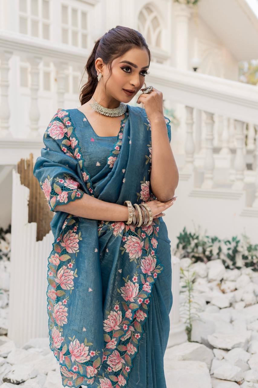 Women's Pristine White Organza Saree with Exquisite Pink & Green Floral Thread Embroidery – Complete with Matching Embroidered Blouse for Festive & Summer Wear - Image 18